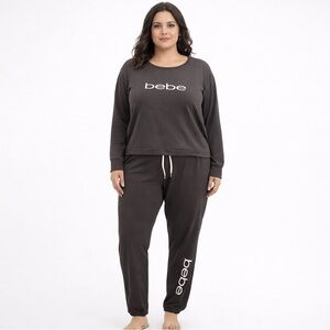 bebe NWT Gray Logo Sleepwear Knit Two Piece Pajamas Lounge Set Womens Size Lrg